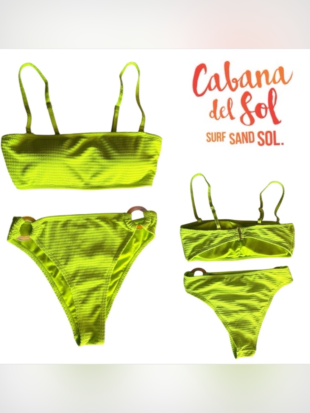 Cabana Del Sol Neon Green Bikini Set with Ring Accent.
Size Small